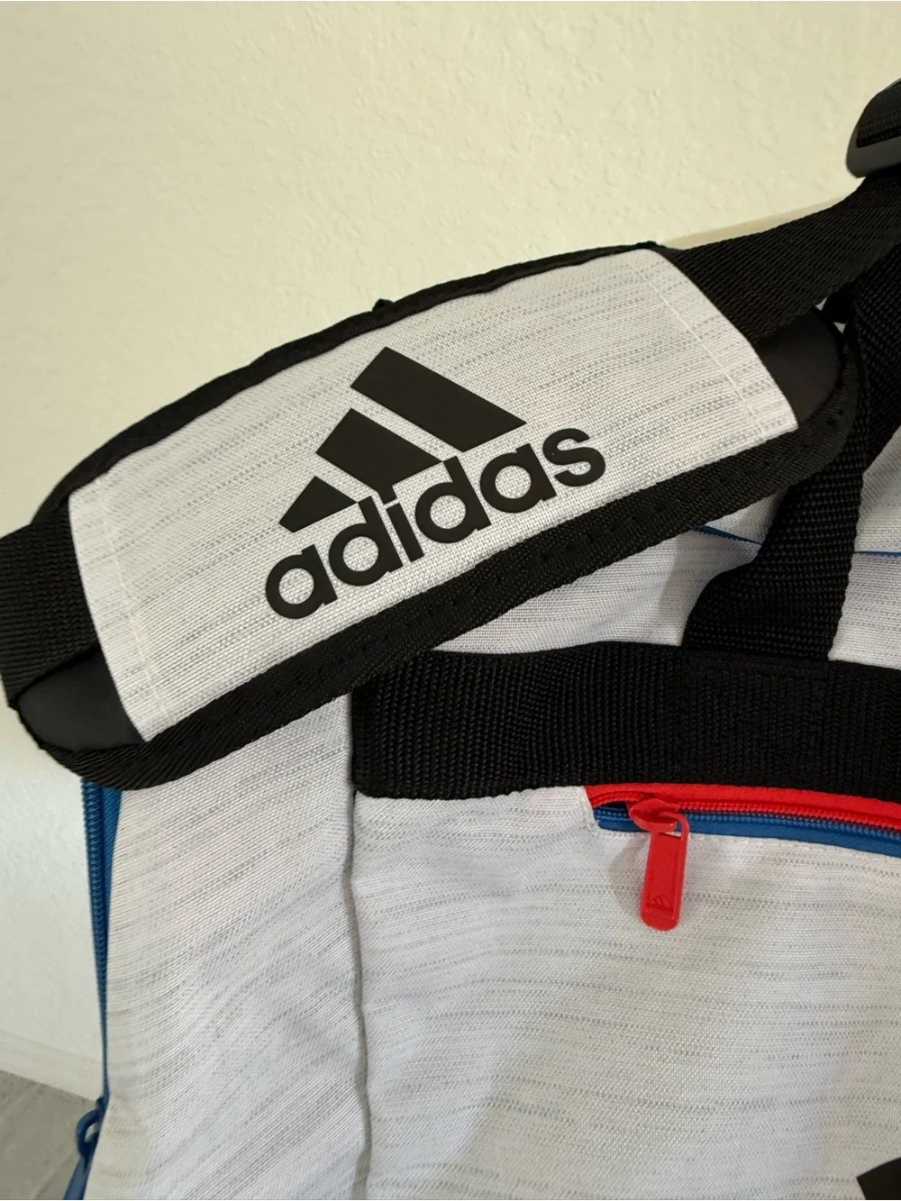 adidas Men's White, Black & Blue Duffel with Red Accent